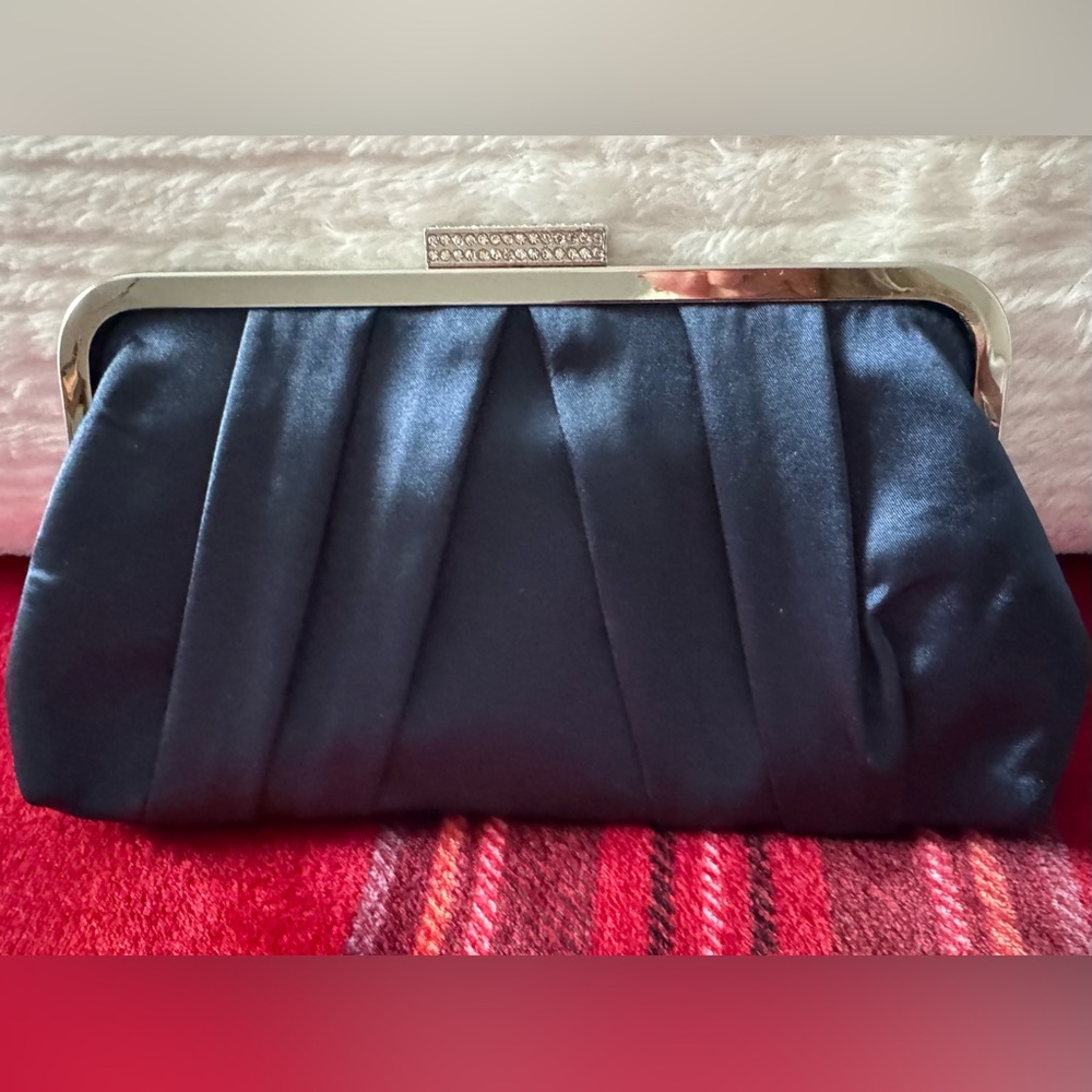 Elegant Navy Satin Pleated Clutch with Rhinestone Frame